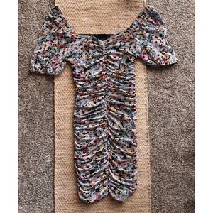 IN San Francisco Floral Mesh Ruched Bodycon Mini Dress Short Puff Sleeve Large